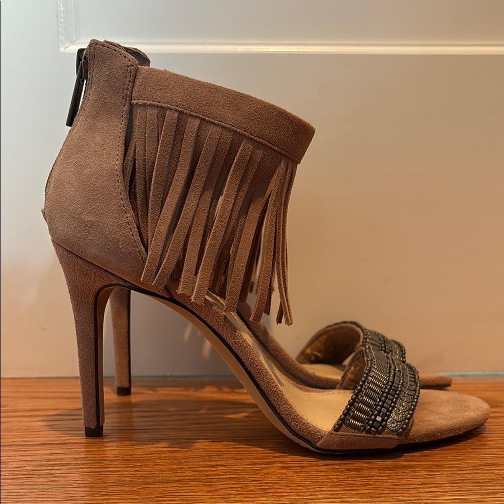 Vince Camuto Taupe Suede Fringe Beaded Open-Toe Heels